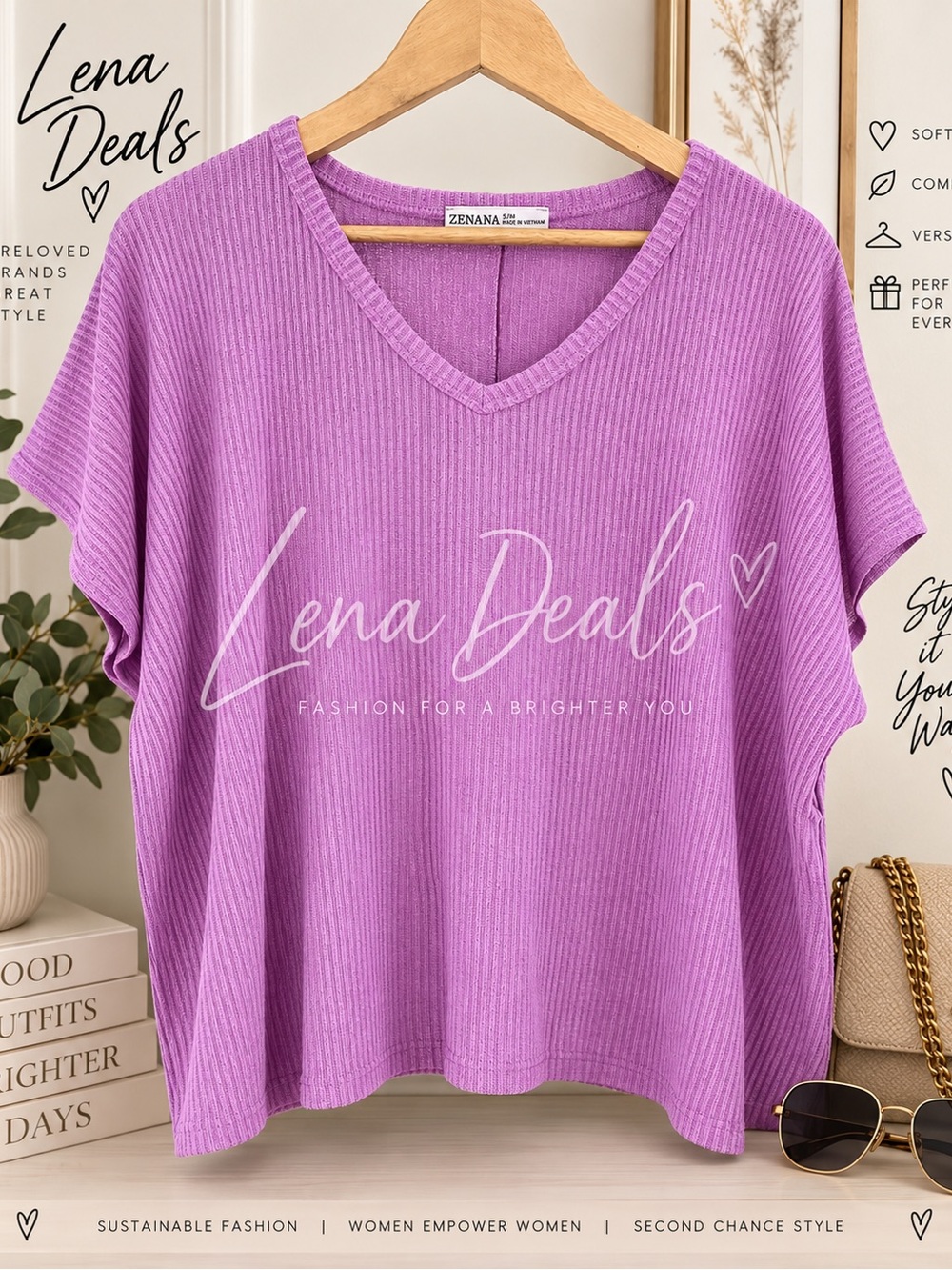 Zenana Outfitters  V-Neck Ribbed Knit Top Short Sleeve Women’s Lavender Mix Size